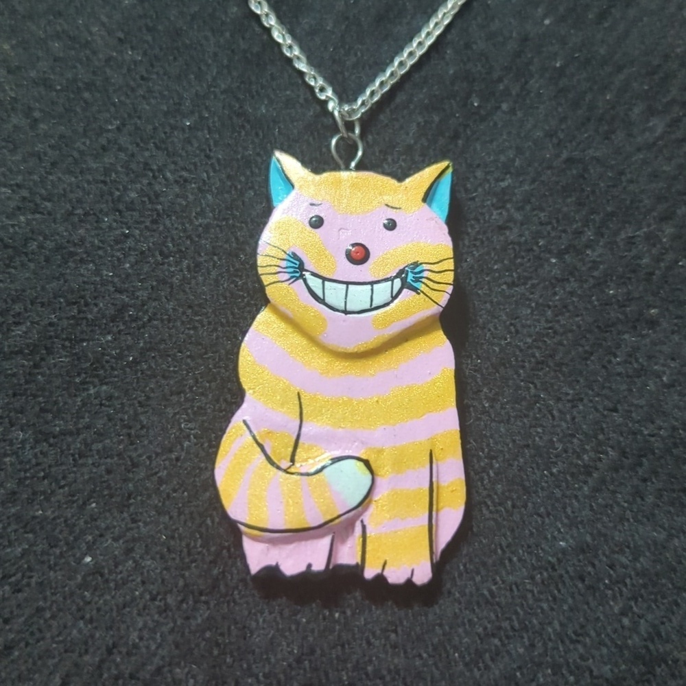 Silver Tone Orange and Pink Striped Kitty Cat Pendant Statement Necklace